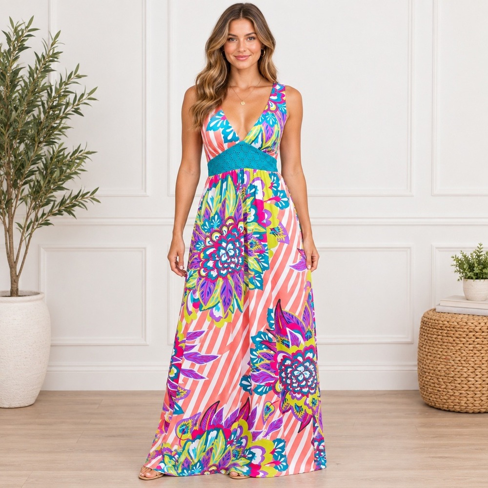 Flying Tomato Floral Striped Maxi Dress V-Neck Open Back ID10766 Multicolor M